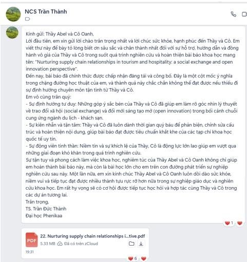 Lời cảm ơn của NCS Trần Thành gửi Thầy Abel và Cô Oanh sau khi hoàn thành bài báo khoa học