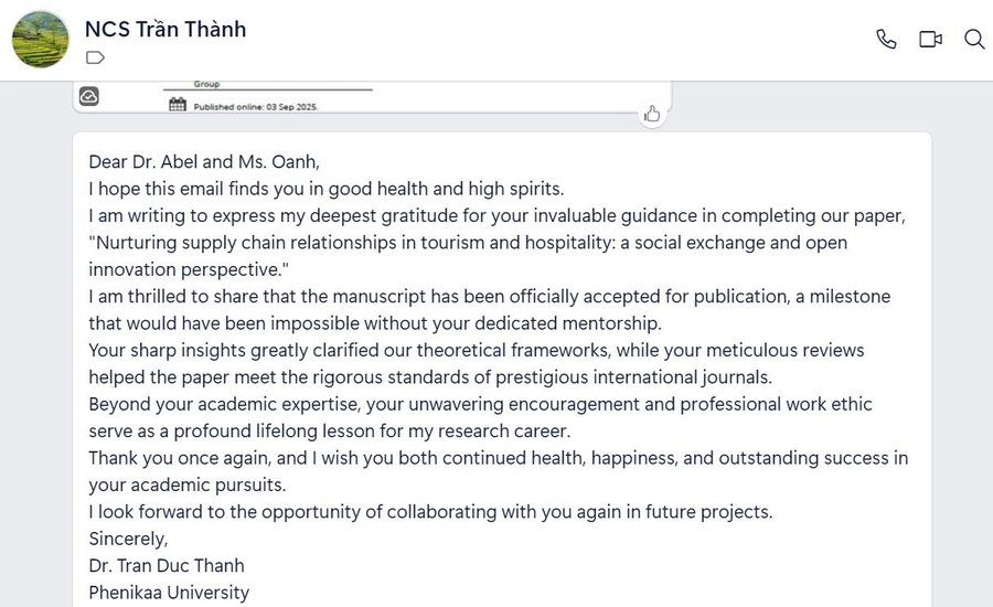 Email cảm ơn của NCS Trần Thành gửi Dr. Abel và Ms. Oanh sau khi bài báo được chấp nhận đăng