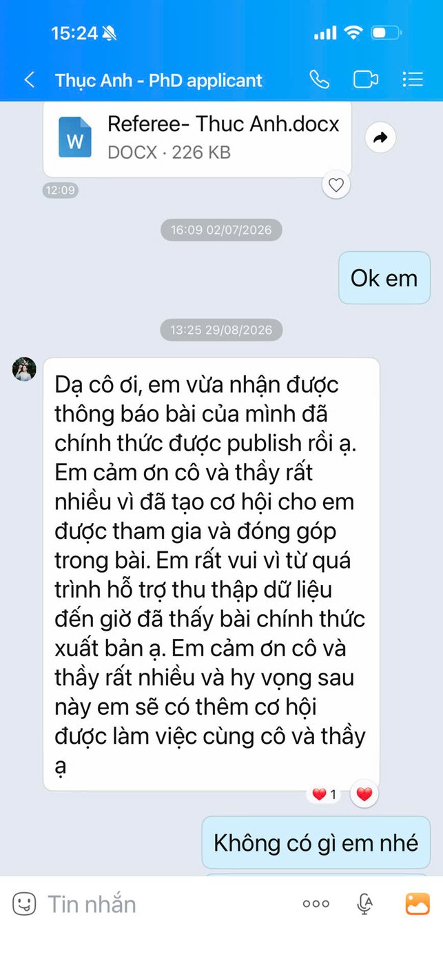 Lời cảm ơn của Thục Anh, PhD applicant, gửi sau khi bài báo được publish